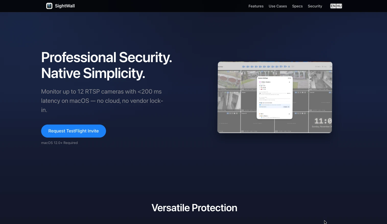 SightWall bemutató weboldal és macOS szoftver
